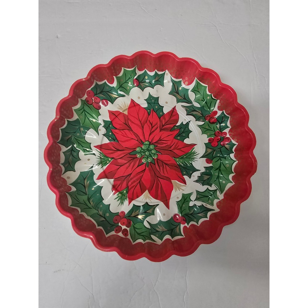 Vintage 90s 9 inch Christmas Poinsettia Scalloped Edge Plastic Serving Tray